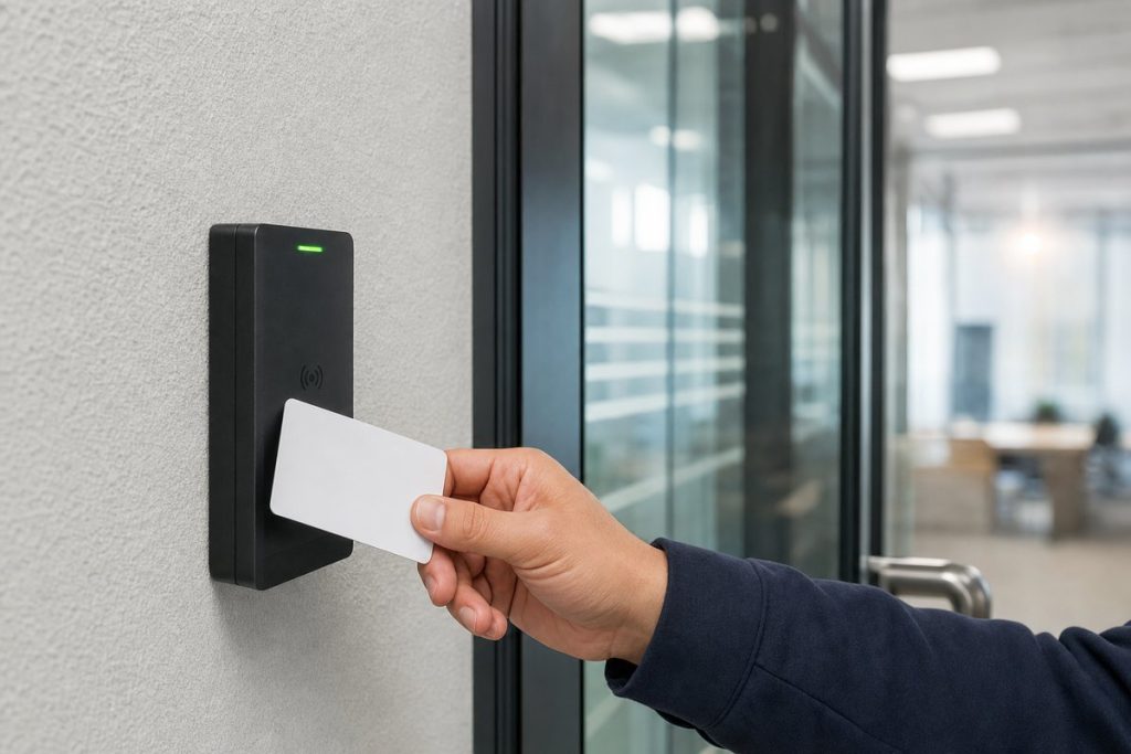 Hand presenting a white access card to a black wall-mounted card reader beside a glass office door