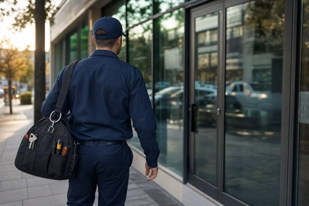 Uniformed locksmith with a tool bag walking toward a glass commercial storefront entrance