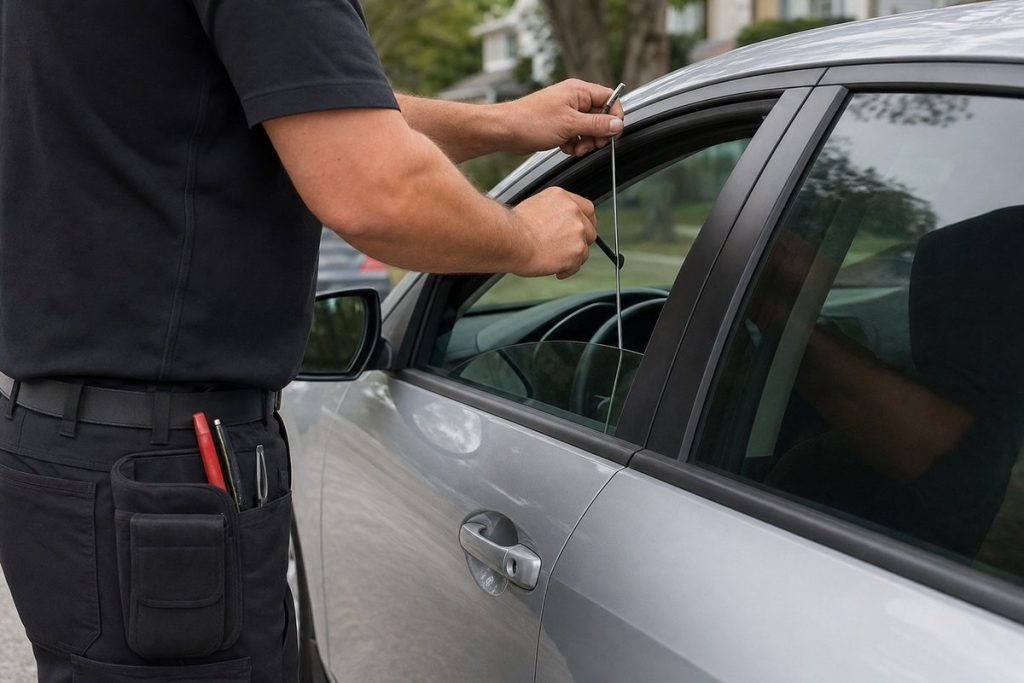 Locksmith using a long reach tool at the window frame of a silver car on a residential street