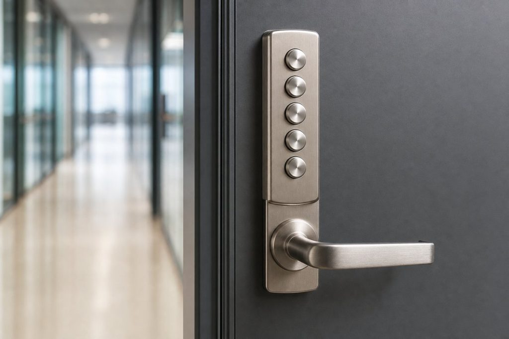 Mechanical pushbutton lock with five buttons and a lever handle on a commercial office door
