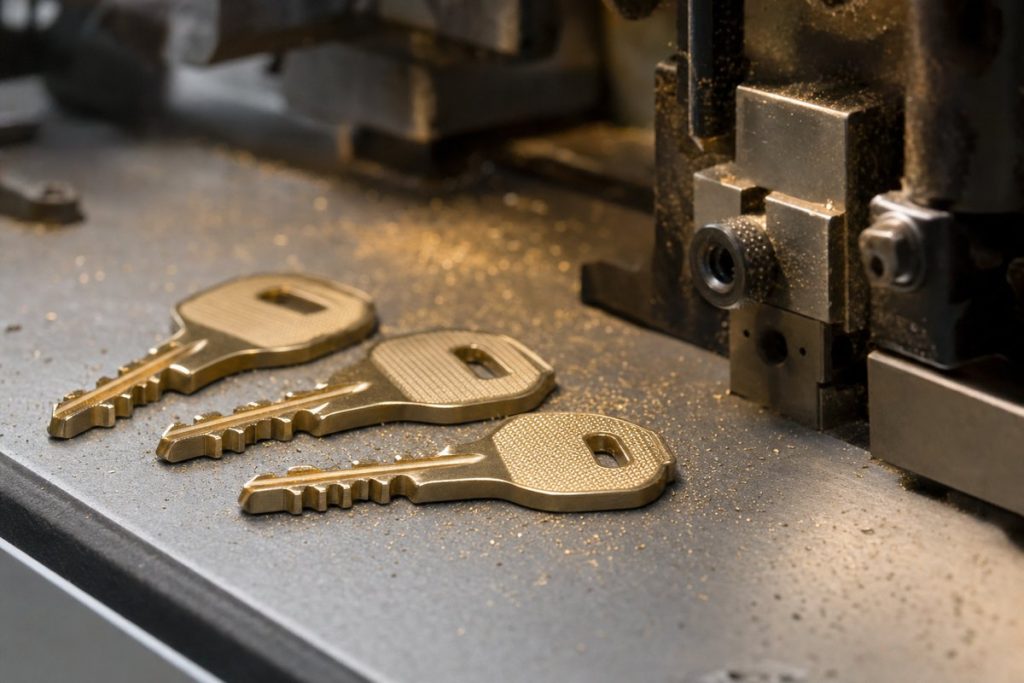 Three freshly cut brass house keys on a key cutting machine bed with brass filings
