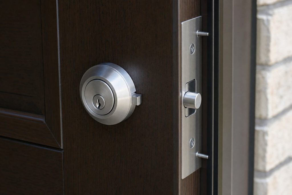 Reinforced deadbolt extended into a heavy steel strike plate on a solid wood exterior door
