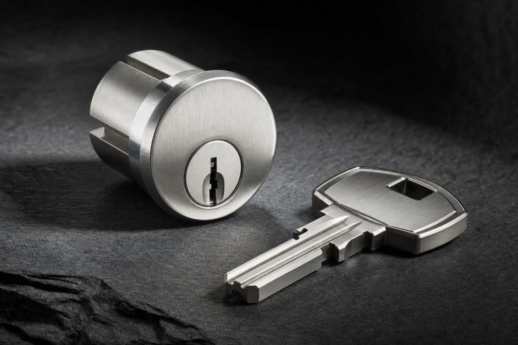 High security mortise lock cylinder in satin chrome beside its reinforced key