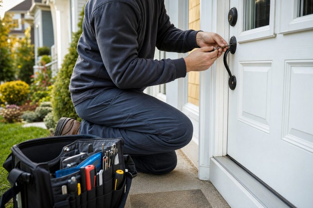 Locksmith kneeling at the front door of a white suburban house with an open tool bag beside him
