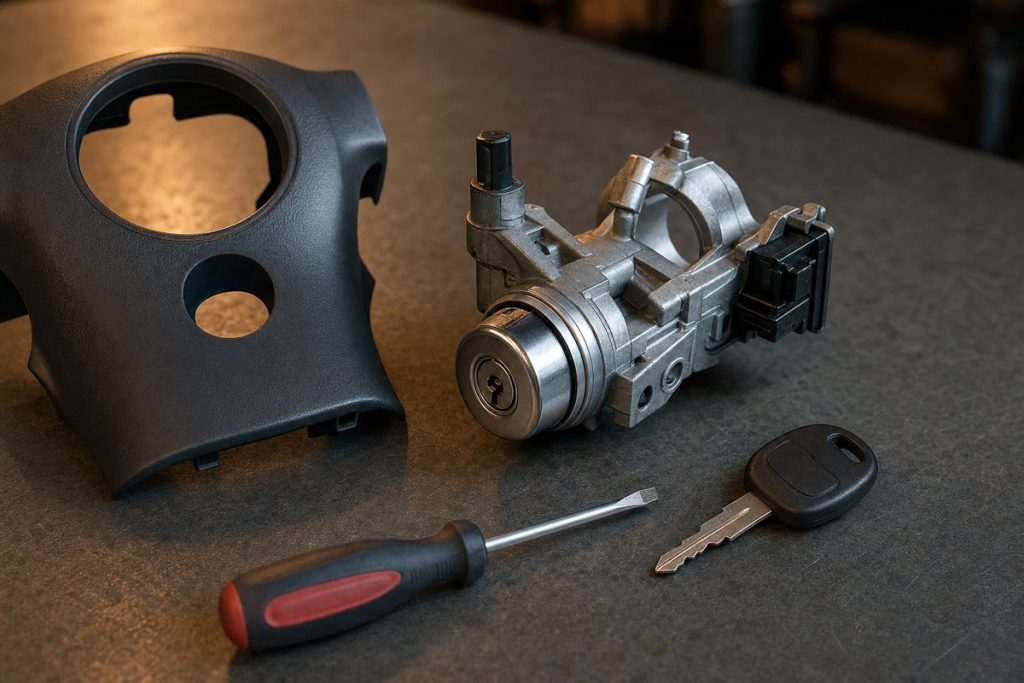 Car ignition lock assembly on a workbench beside the steering column trim, a screwdriver and a transponder key