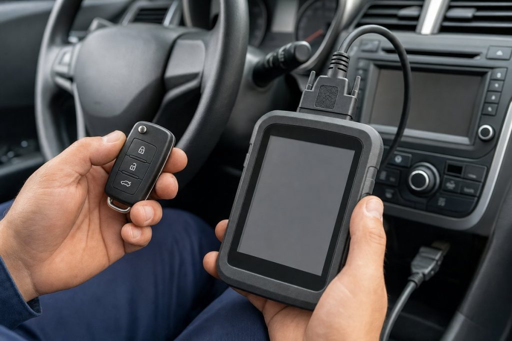 Technician holding a car key fob and a handheld programmer connected inside a vehicle
