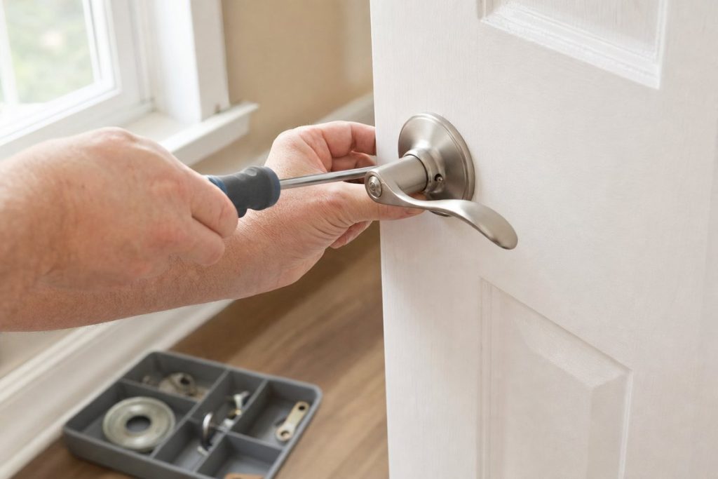 Hands tightening the screws of a satin nickel lever handle on a white interior door, parts tray on the floor