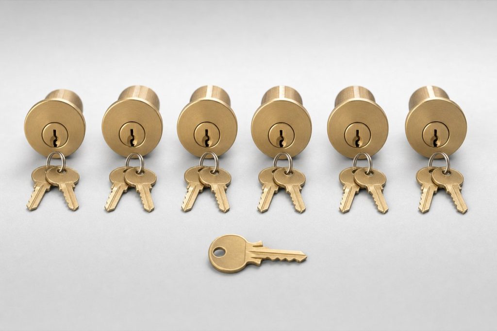 Six brass rim lock cylinders in a row, each with its own pair of keys, and a single master key in front