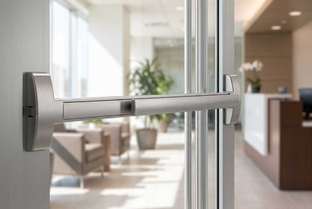 Stainless steel panic bar exit device mounted on a commercial glass storefront door