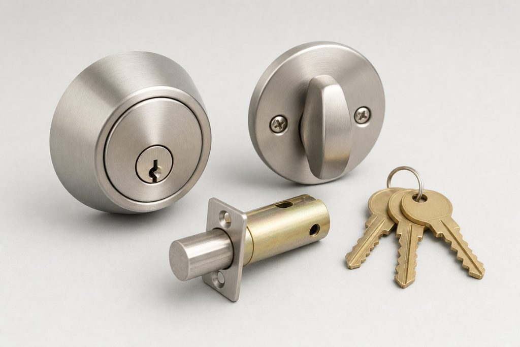 Residential deadbolt set laid out with its cylinder, thumbturn, bolt and three new brass keys
