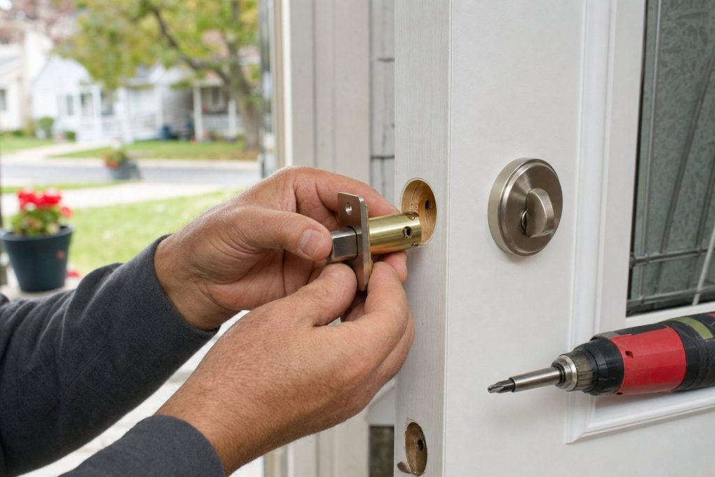 Locksmith fitting a new deadbolt latch into the edge of a white residential front door