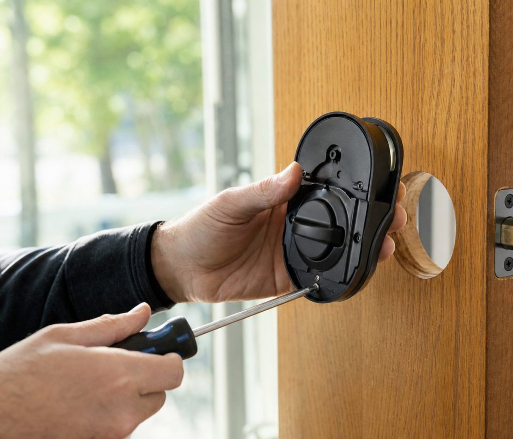 Locksmith fitting the interior thumbturn of an electronic keypad deadbolt on a wooden door