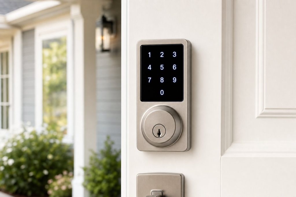 Electronic keypad deadbolt with a lit ten-digit touchpad installed on a white front door